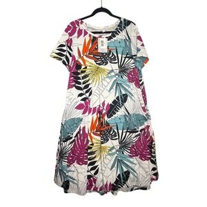 LulaRoe Jessie Dress XL White Colorful Tropical Leaf Print Short Sleeve
